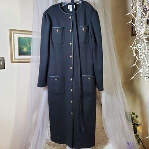 Long Black Women's Coat with Gold Buttons